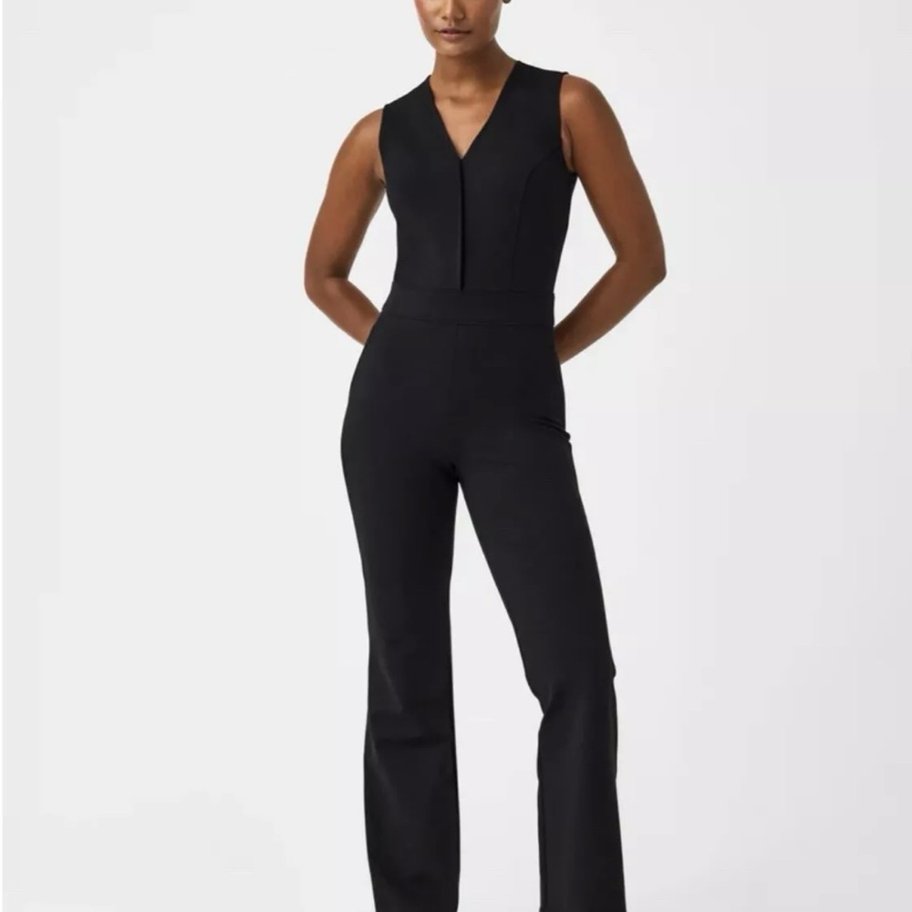 NWT Spanx The Perfect Jumpsuit Black Sleeveless Ponte Flare Size Petite L